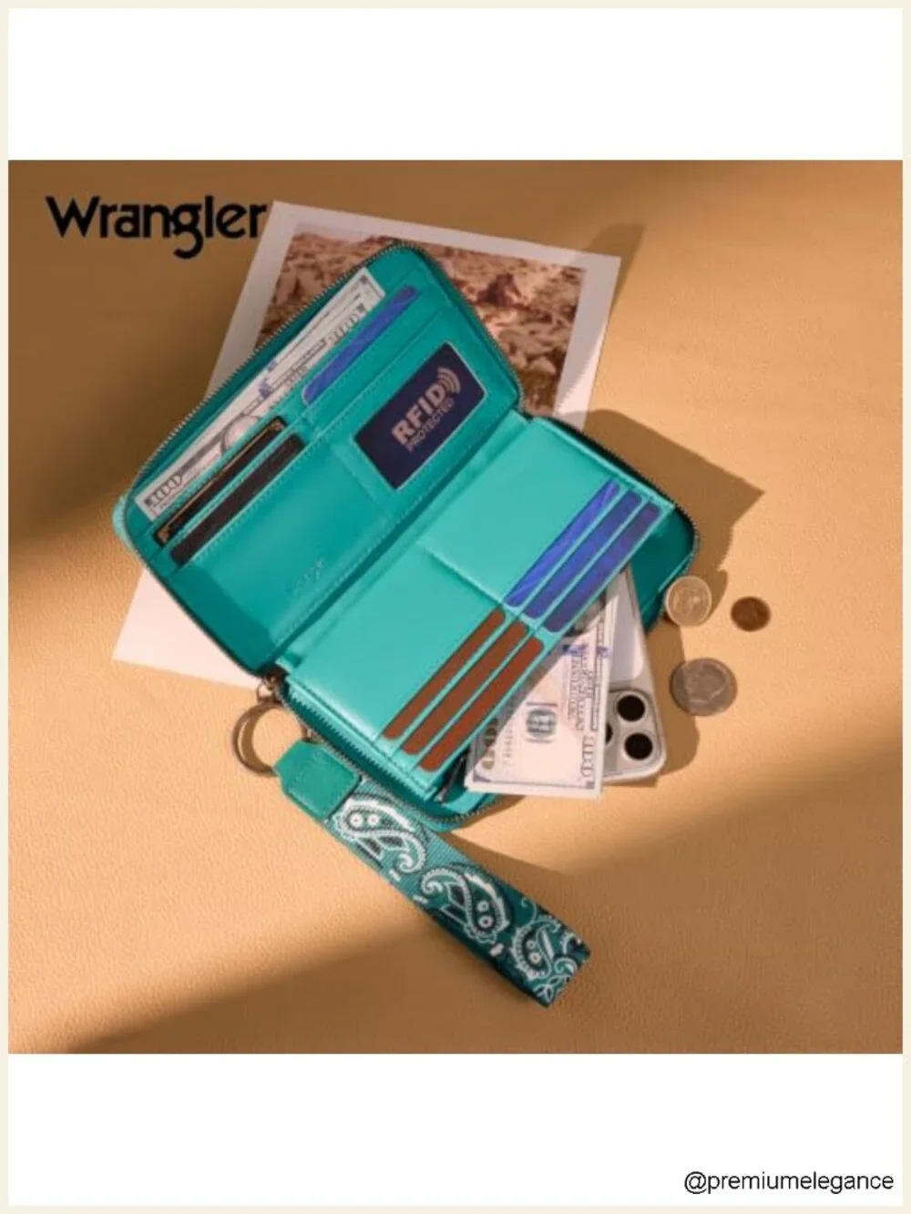 Vegan Leather Paisley Wristlet Wallet RFID Blocking Zip Around Clutch with Coin